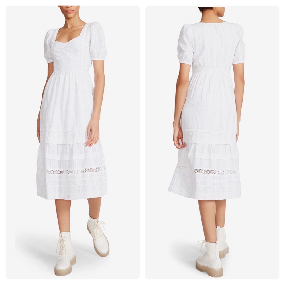 NEW Speckled Cotton Jacquard Sweetheart Puff Sleeve Midi NWOT